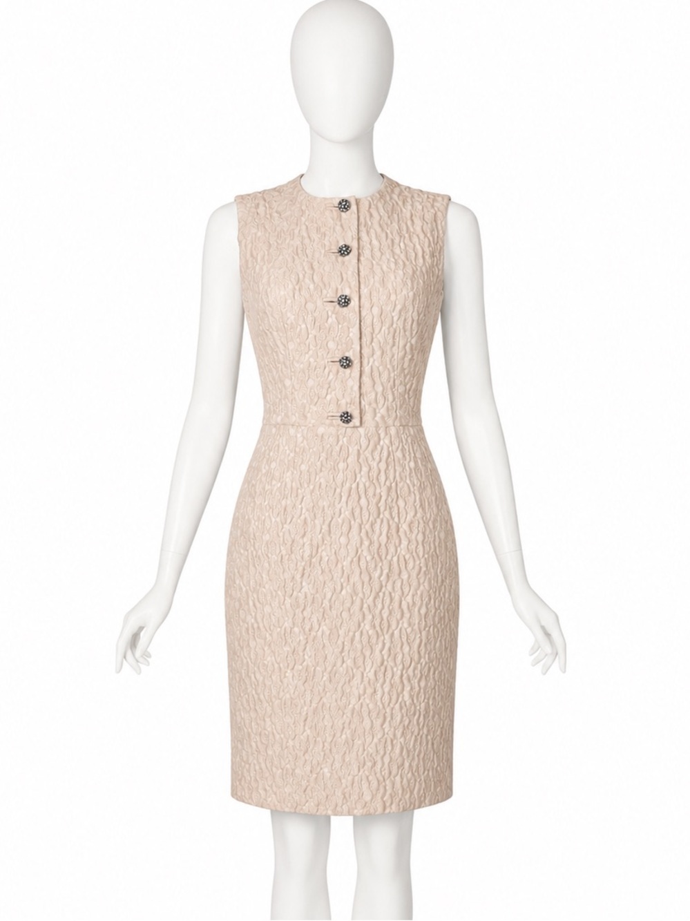 Dolce & Gabbana Sleeveless Textured Cream Midi Dress w/ Rhinestone Buttons Sz40